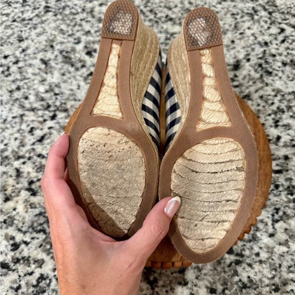 J. Crew Navy‎ and White Gingham Wedge Espadrilles